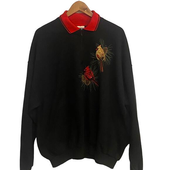 Vintage XXL 1/4 Zip Collared Cardinal & Pine Cone Granny Sweatshirt - Picture 2 of 5